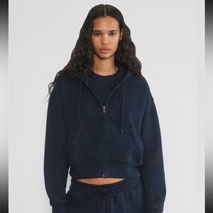 Aritzia TNA Sweatfleece Boyfriend Fit Navy Blue Crop Zip-Up Hoodie